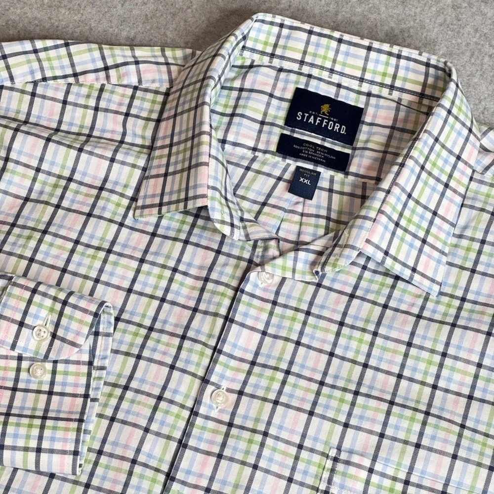 Stafford Cool Tech Mens XXL Regular Fit Plaid Button Down Shirt Blue Green Pink